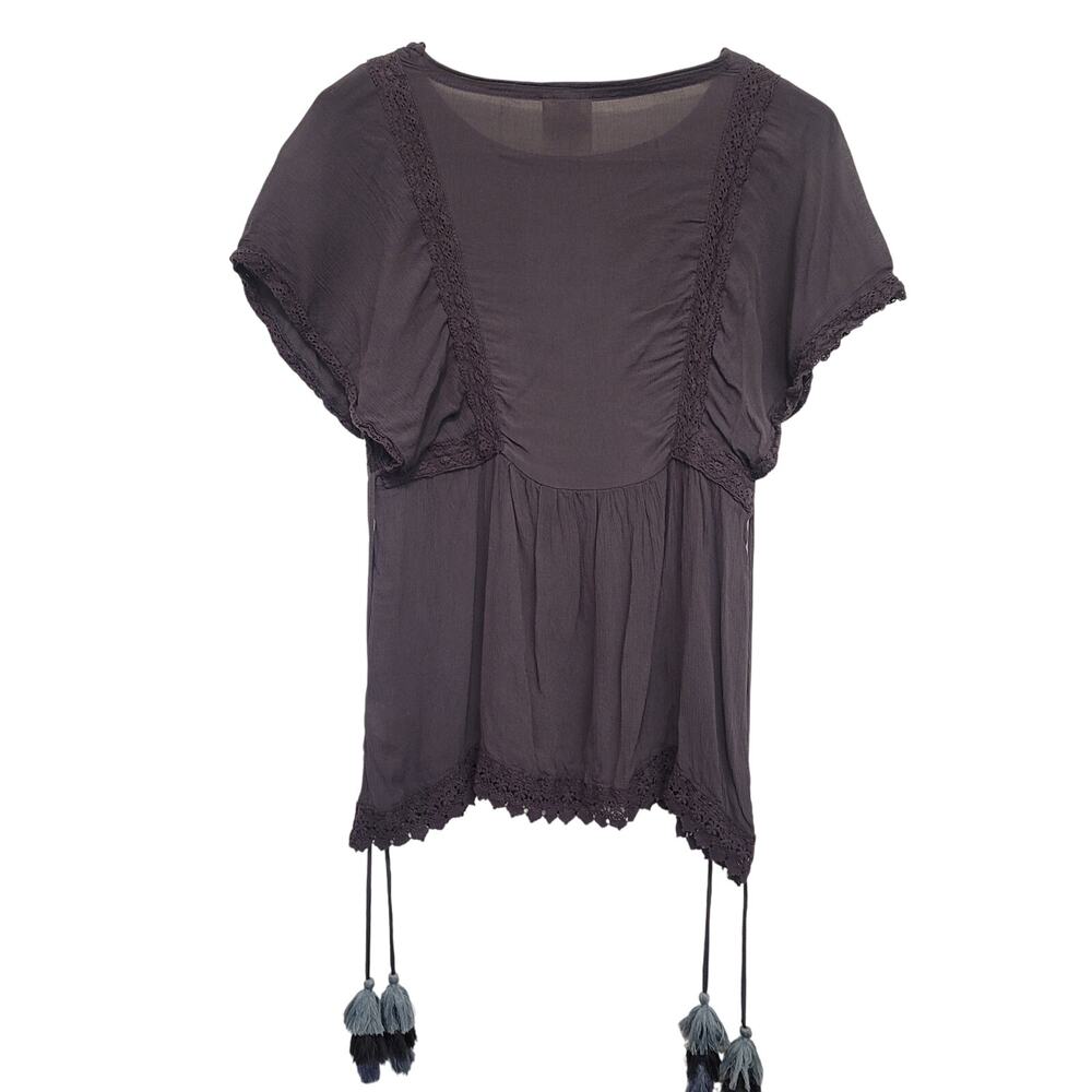 Knox Rose Gray Boho Top Tassel Hem Crochet Trim Gauze Festival XS - Picture 3 of 7